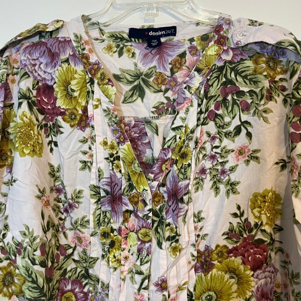 denim 24/7 shirt popover blouse pink purple green floral cotton Plus size 28W - Picture 3 of 6